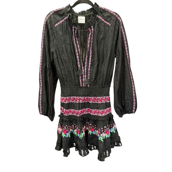 MISA Los Angeles Manuela Black Embroidered Cotton Mini Dress Small - Picture 8 of 14